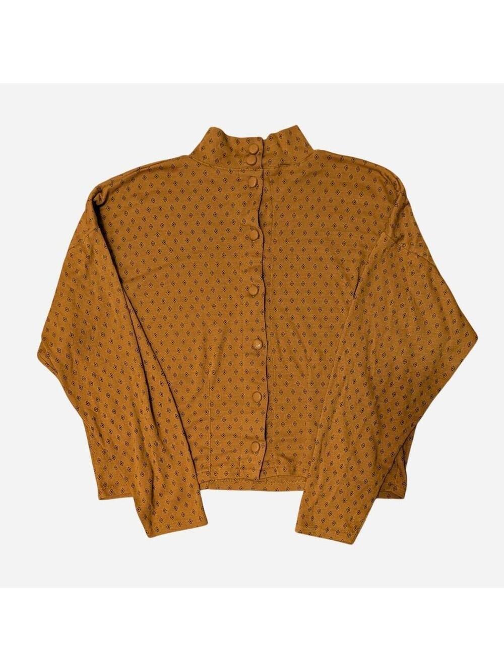 80s Avon Mustard Diamond Foulard Print Mock Neck Button-Back Crop Top Size L
